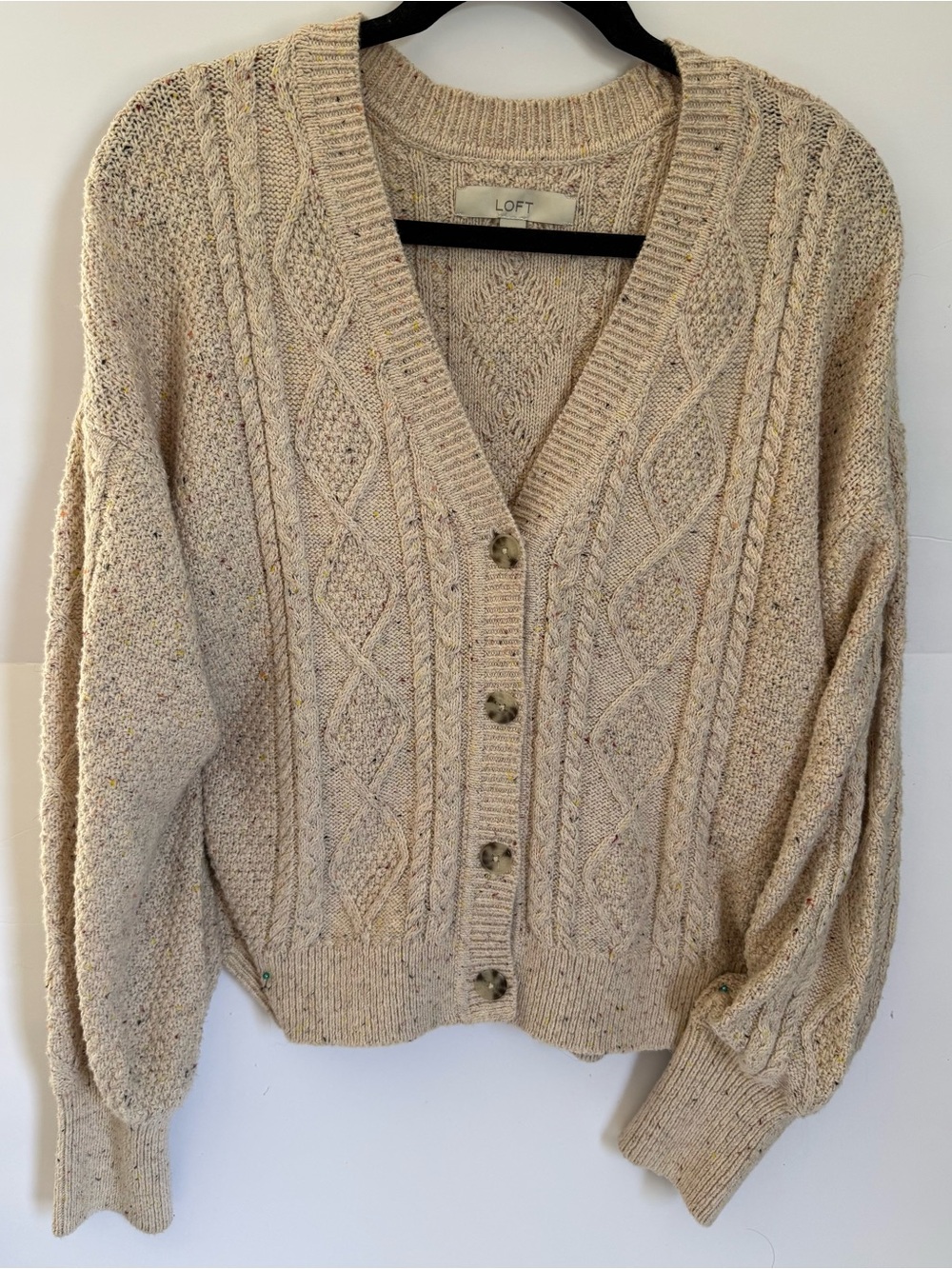 XL- LOFT Cream Speckled Cable Knit V‑Neck Button Cardigan